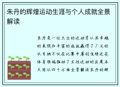 朱丹的辉煌运动生涯与个人成就全景解读